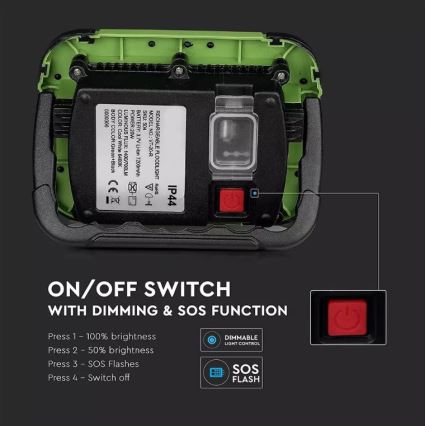 LED Pritemdomas įkraunamas Prožektoriaus šviestuvas SAMSUNG CHIP + funkcija SOS LED/10W/3,7V/USB IP44 4000K 3600 mAh žalia