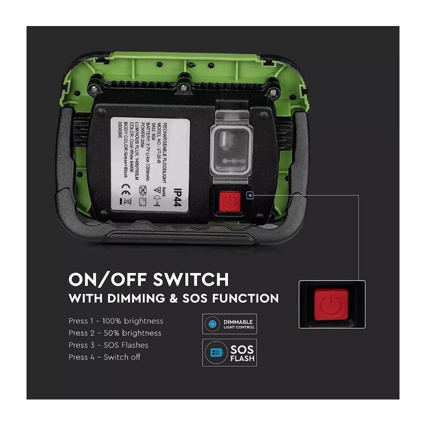 LED Pritemdomas įkraunamas Prožektoriaus šviestuvas SAMSUNG CHIP + funkcija SOS LED/10W/3,7V/USB IP44 4000K 3600 mAh žalia
