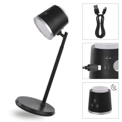 LED Pritemdomas įkraunamas stalinis šviestuvas 4in1 LED/6W/3,7V 3000K/4000K/6500K 1500mAh juoda