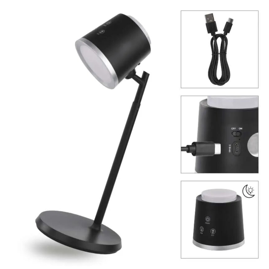 LED Pritemdomas įkraunamas stalinis šviestuvas 4in1 LED/6W/3,7V 3000K/4000K/6500K 1500mAh juoda