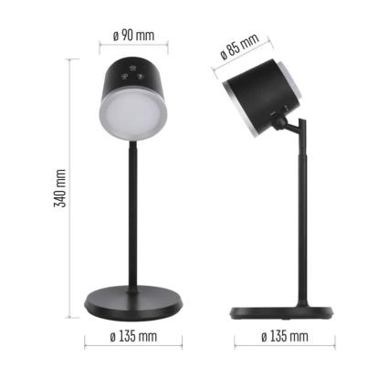 LED Pritemdomas įkraunamas stalinis šviestuvas 4in1 LED/6W/3,7V 3000K/4000K/6500K 1500mAh juoda