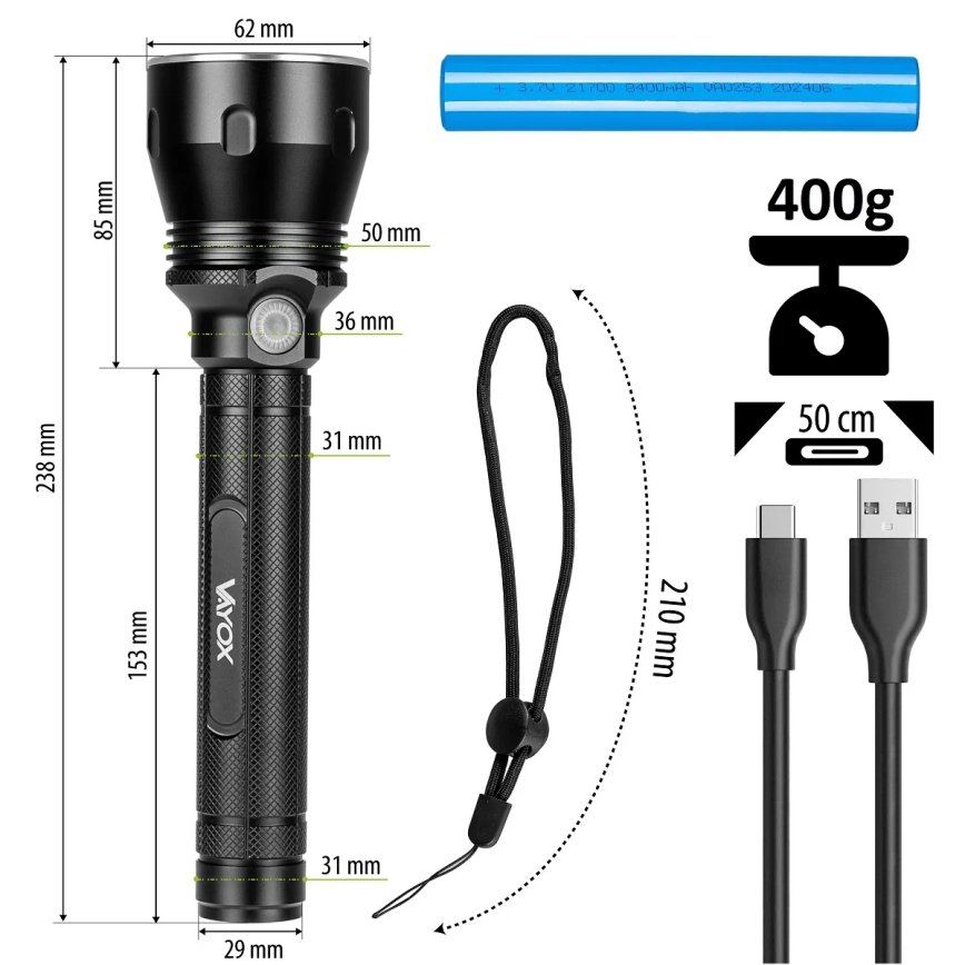 LED Pritemdomas įkraunamas žibintuvėlis LED/20W/5V IPX5 1570 blizgus 8400 mAh
