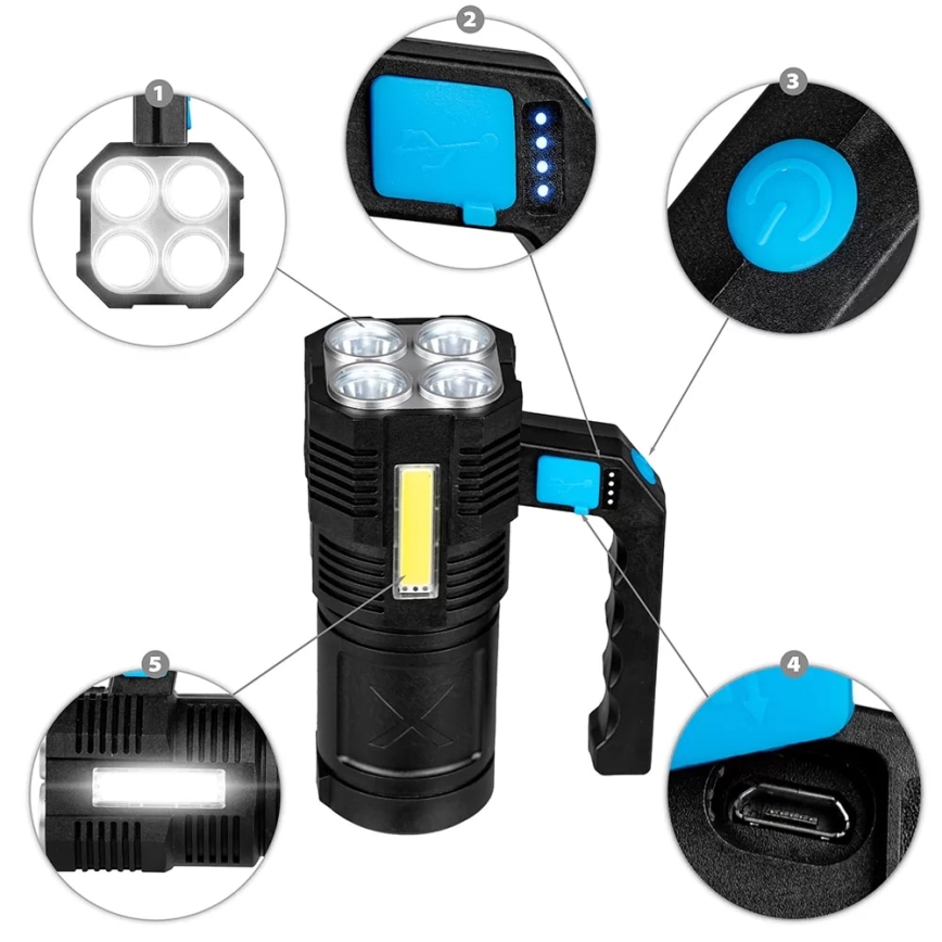 LED Pritemdomas įkraunamas žibintuvėlis LED/5V IPX4 250 blizgus 1200 mAh
