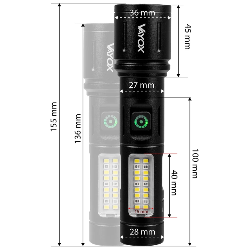 LED Pritemdomas įkraunamas žibintuvėlis su raudonas šviestuvas LED/5W/5V IPX4 260 blizgus 2000 mAh