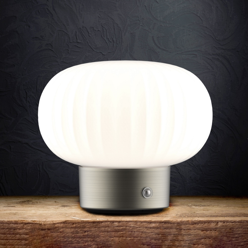 LED pritemdomas, liečiamas stalinis šviestuvas LATTE LED/1,8W/5V USB 2000 mAh matinis chromas/balta