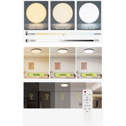 LED Pritemdomas lubinis šviestuvas LED/40W/230V 3000-6500K diametras 40 cm juoda + nuotolinio valdymo pultas