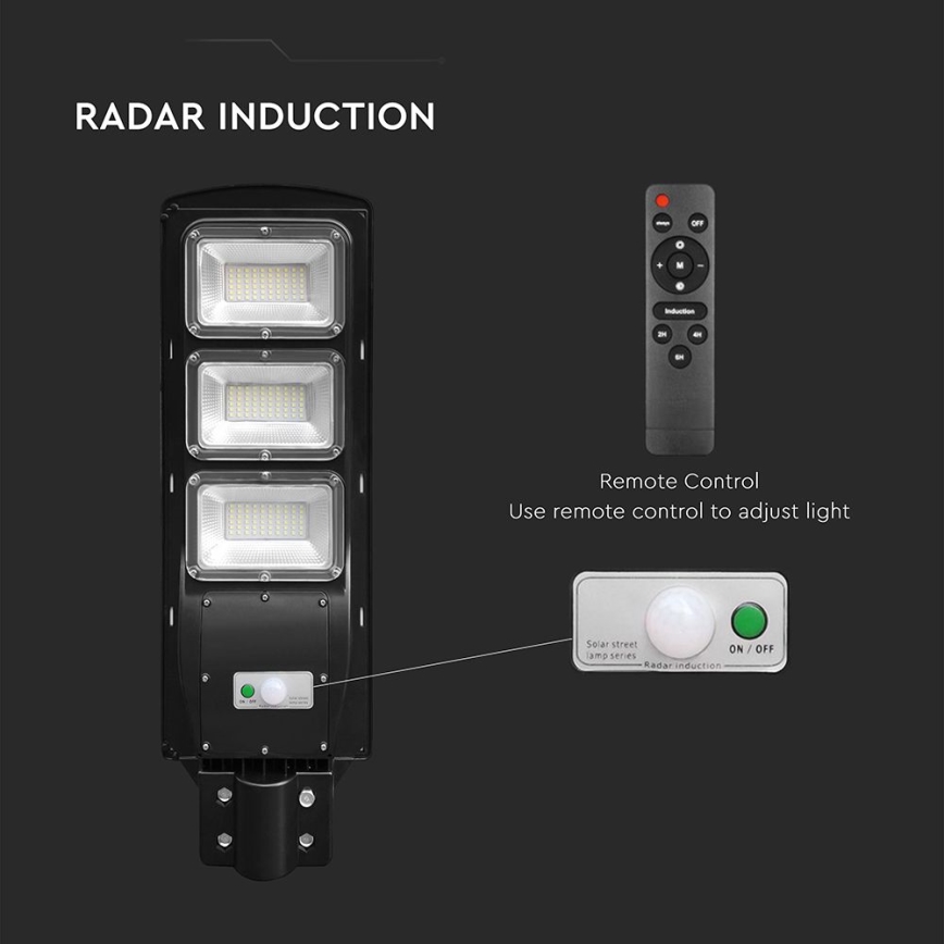 LED Pritemdomo saulės energijos gatvės šviestuvas su judesio ir prieblandos jutikliu LED/12W/3,2V 6000K IP65 10000 mAh juoda + nuotolinio valdymo pultas