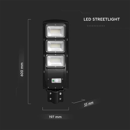 LED Pritemdomo saulės energijos gatvės šviestuvas su judesio ir prieblandos jutikliu LED/12W/3,2V 6000K IP65 10000 mAh juoda + nuotolinio valdymo pultas
