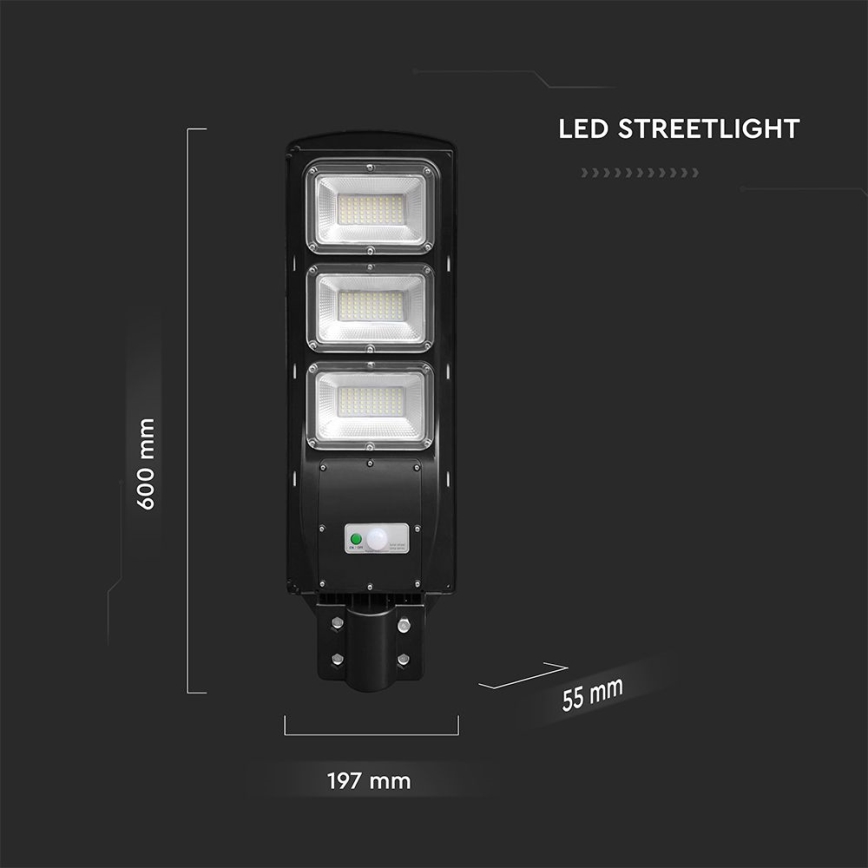 LED Pritemdomo saulės energijos gatvės šviestuvas su judesio ir prieblandos jutikliu LED/12W/3,2V 6000K IP65 10000 mAh juoda + nuotolinio valdymo pultas