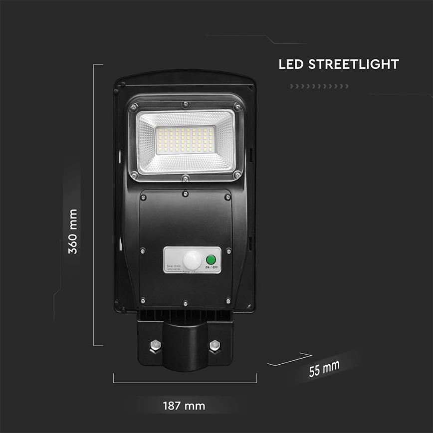 LED Pritemdomo saulės energijos gatvės šviestuvas su judesio ir prieblandos jutikliu LED/6W/3,2V 6000K IP65 5000 mAh juoda + nuotolinio valdymo pultas