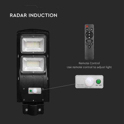 LED Pritemdomo saulės energijos gatvės šviestuvas su judesio ir prieblandos jutikliu LED/8W/3,2V 6000K IP65 9000 mAh juoda + nuotolinio valdymo pultas