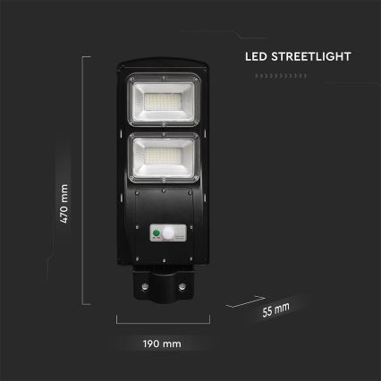 LED Pritemdomo saulės energijos gatvės šviestuvas su judesio ir prieblandos jutikliu LED/8W/3,2V 6000K IP65 9000 mAh juoda + nuotolinio valdymo pultas