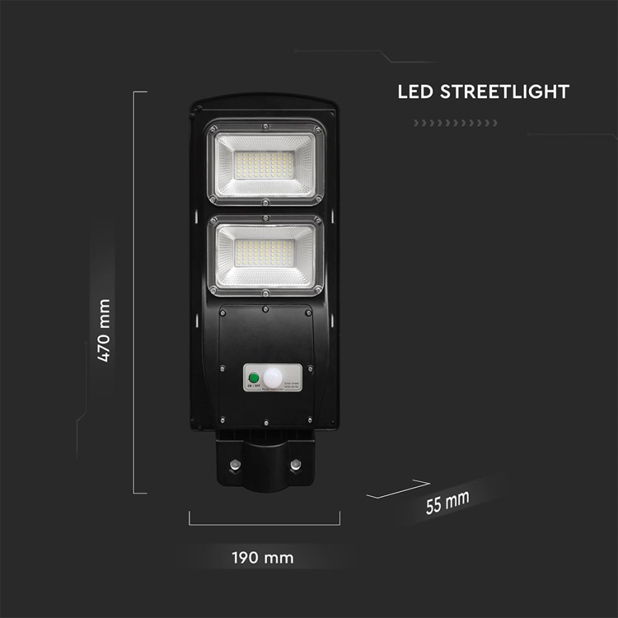 LED Pritemdomo saulės energijos gatvės šviestuvas su judesio ir prieblandos jutikliu LED/8W/3,2V 6000K IP65 9000 mAh juoda + nuotolinio valdymo pultas