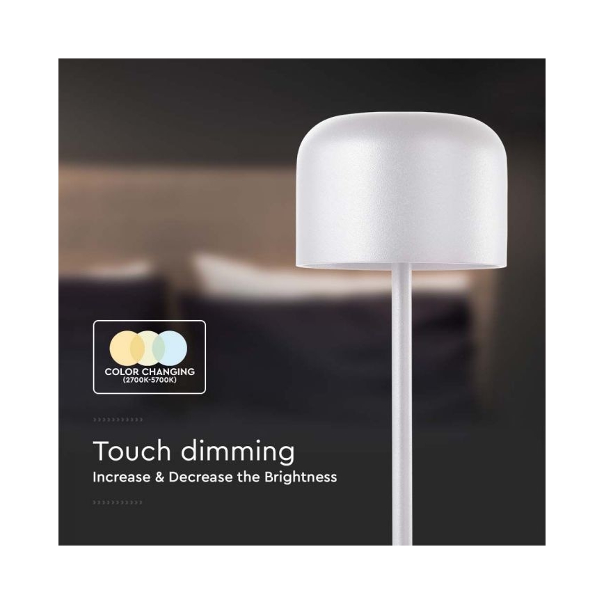 LED Pritemdoma įkraunama jutiklinė stalinė lempa LED/1,5W/5V 2700-5700K IP54 2200 mAh balta