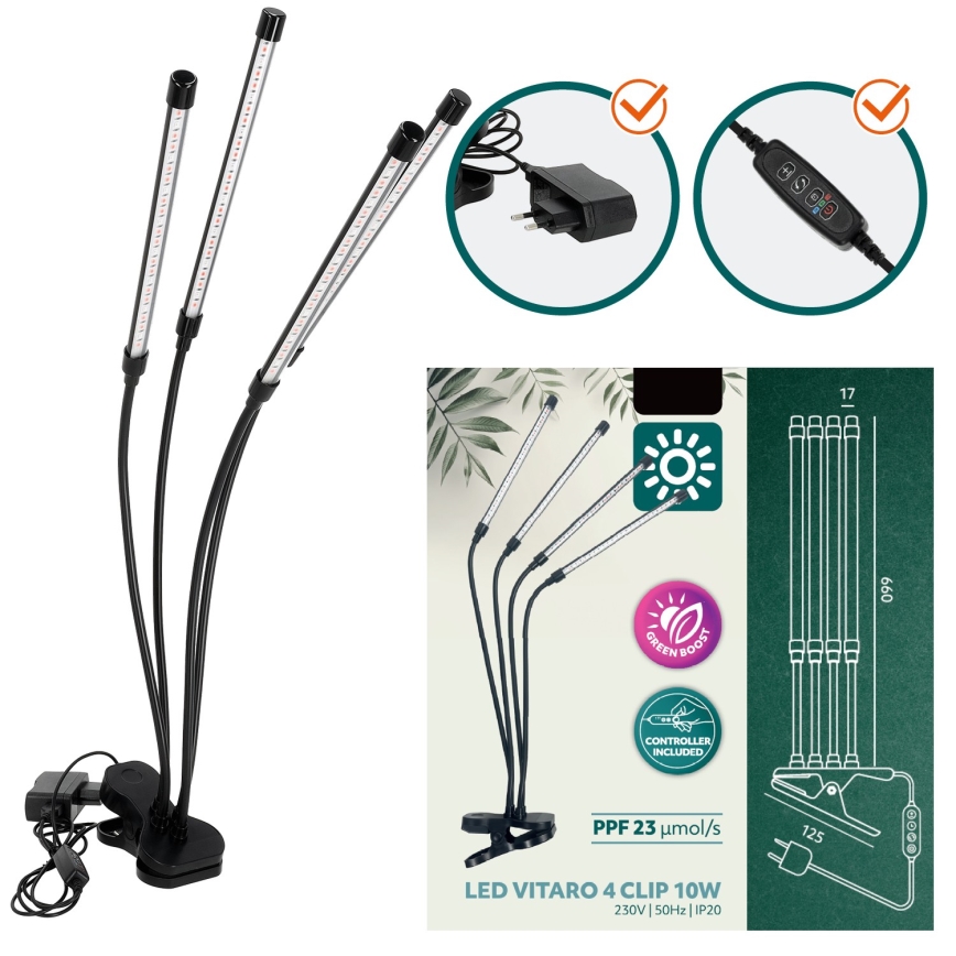 LED pritemdoma lanksti stalinė lempa su segtuku augalams auginti VITARO 4xLED/10W/230V juoda