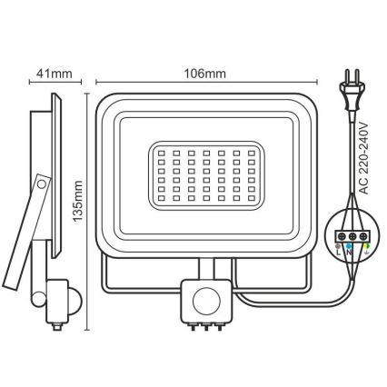 LED Prožektorius su jutikliu LED/10W/230V 4000K IP44