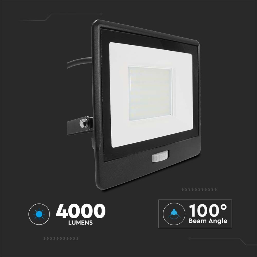 LED prožektorius su jutikliu LED/50W/230V 4000K IP65 juoda