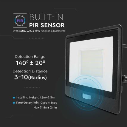 LED prožektorius su jutikliu LED/50W/230V 4000K IP65 juoda