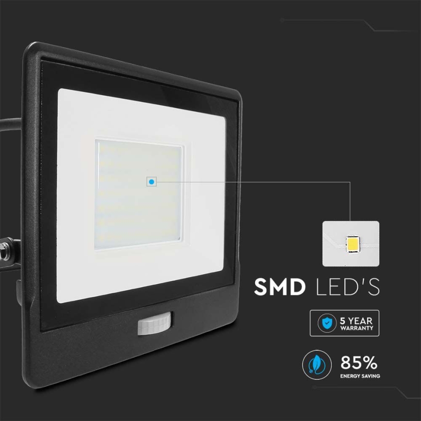 LED prožektorius su jutikliu LED/50W/230V 4000K IP65 juoda