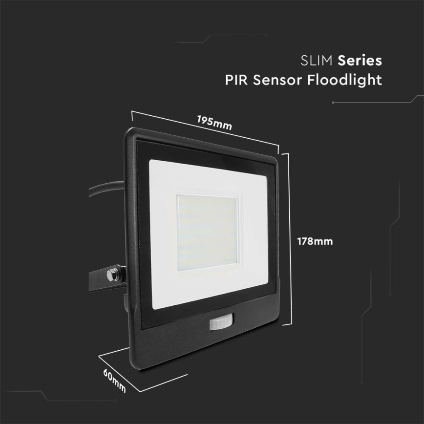LED prožektorius su jutikliu LED/50W/230V 4000K IP65 juoda