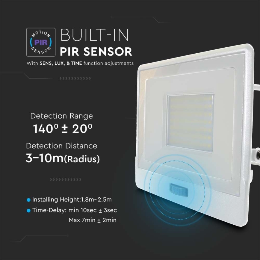 LED prožektorius su jutikliu LED/50W/230V 6500K IP65 balta