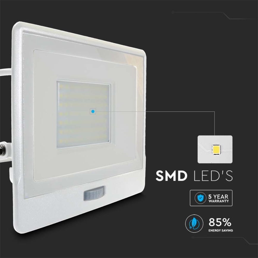 LED prožektorius su jutikliu LED/50W/230V 6500K IP65 balta