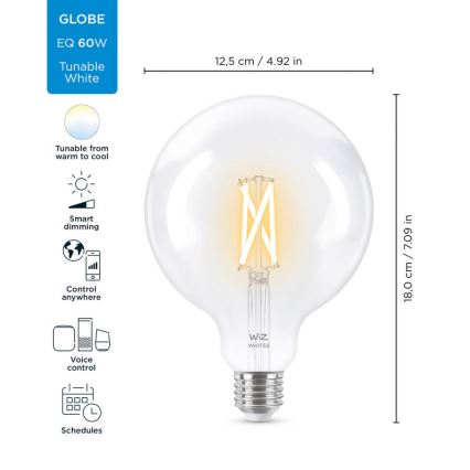 LED Reguliuojama lemputė FILAMENT G125 E27/7W/230V 2700-6500K CRI 90 Wi-Fi - WiZ