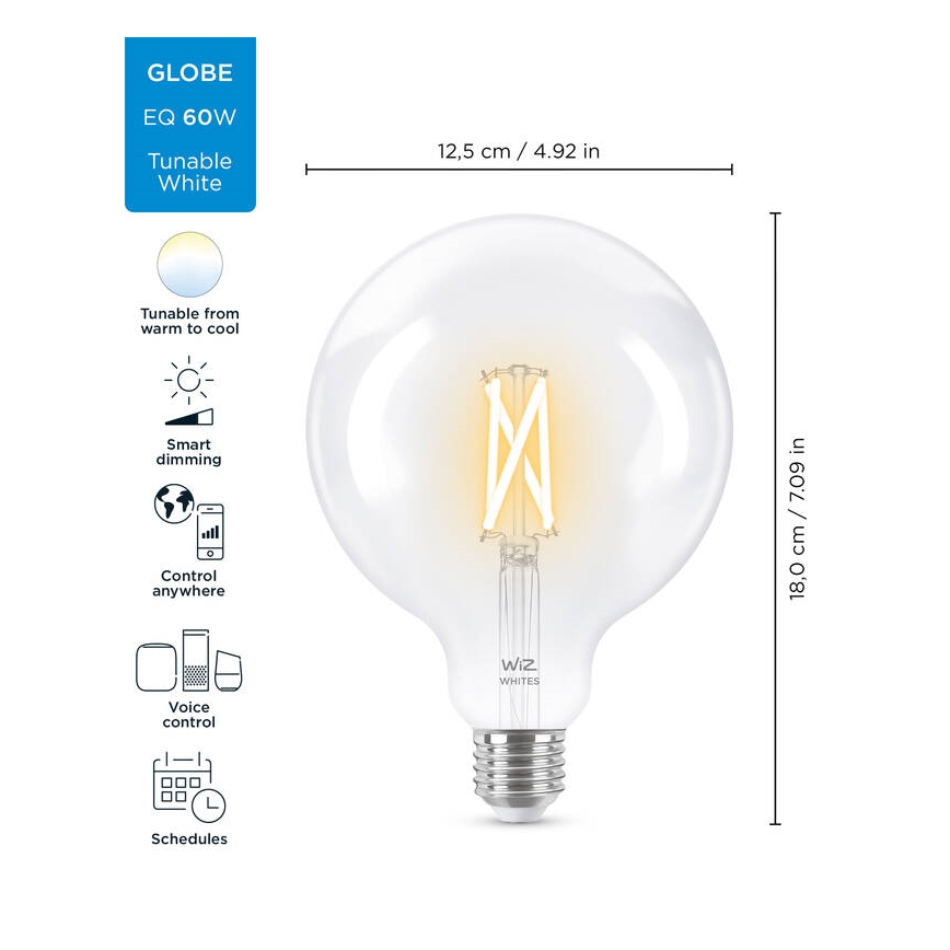 LED Reguliuojama lemputė FILAMENT G125 E27/7W/230V 2700-6500K CRI 90 Wi-Fi - WiZ