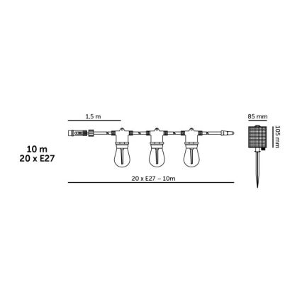LED reguliuojama saulės dekoratyvinė girlianda STARLIGHT NEO 20xE27/3,7V 2700K IP54 1200 mAh 11,5m + nuotolinis valdymas