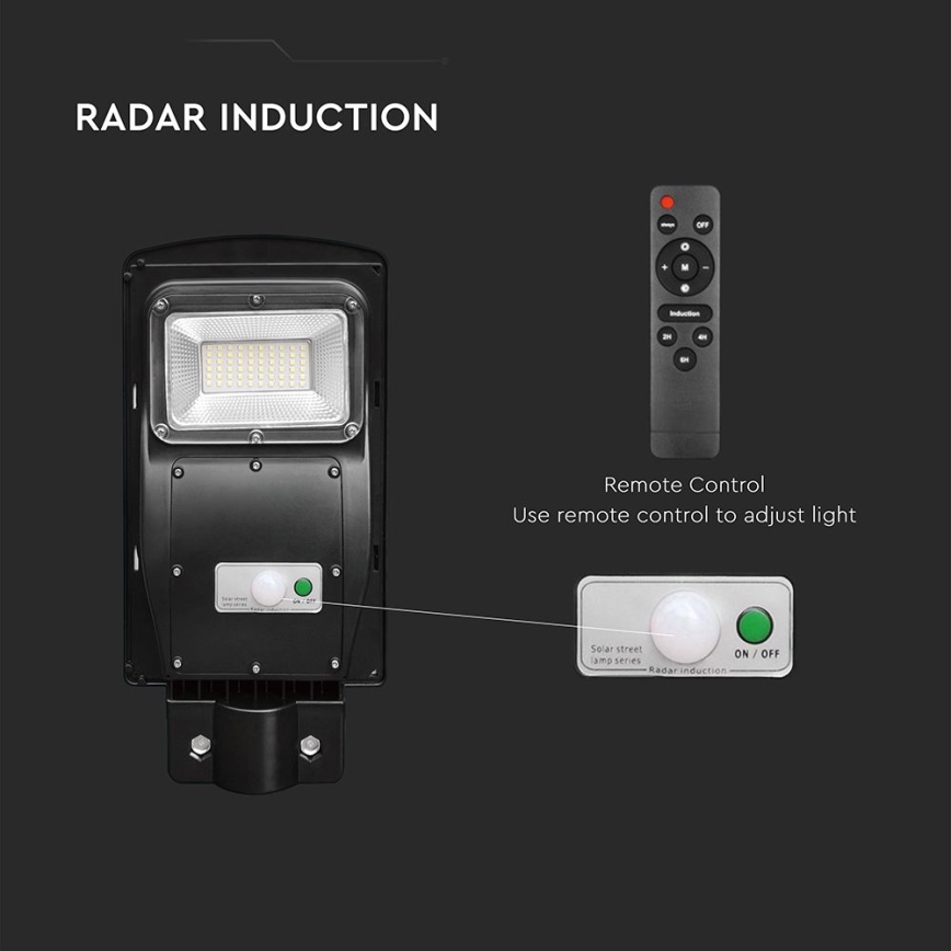 LED reguliuojamas saulės gatvės šviestuvas su judesio ir sutemų jutikliu LED/6W/3,2V 6000K IP65 5000 mAh juodas + nuotolinio valdymo pultas