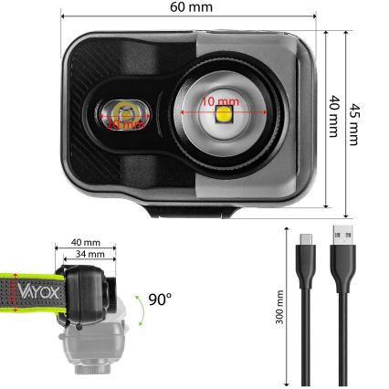LED reguliuojamo ryškumo įkraunama galvos lempa LED/10W/5V/3xAAA IP66 800 lm 1000 mAh