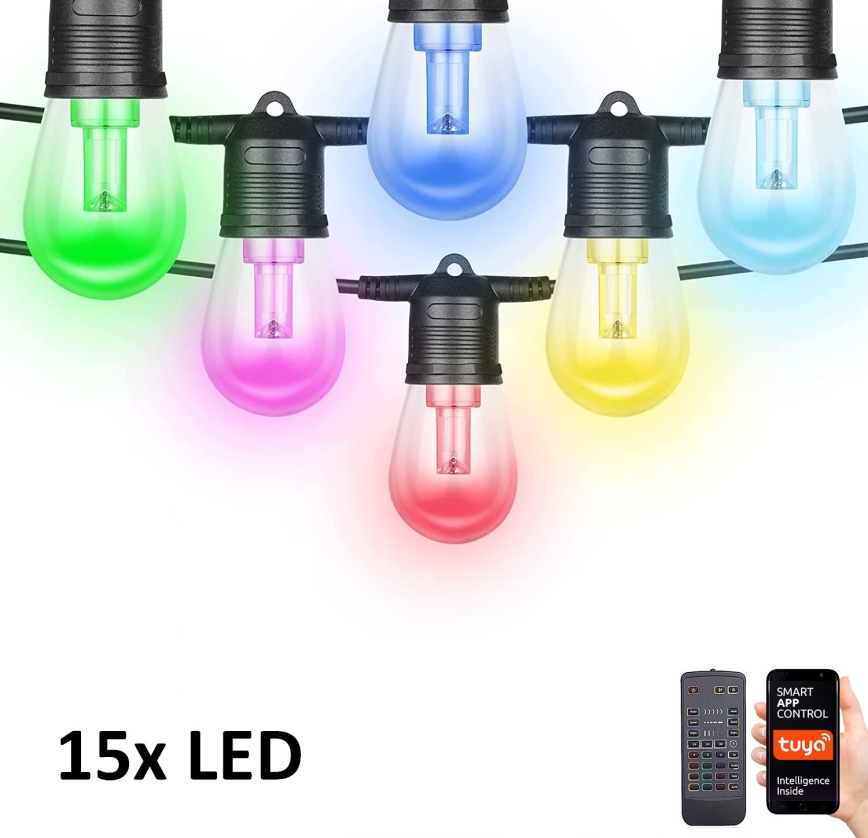 LED RGB+CCT Pritemdoma lauko grandinė GIRLIANDA 15xLED/1W/230V 15m Wi-Fi Tuya IP65 + nuotolinio valdymo pultas