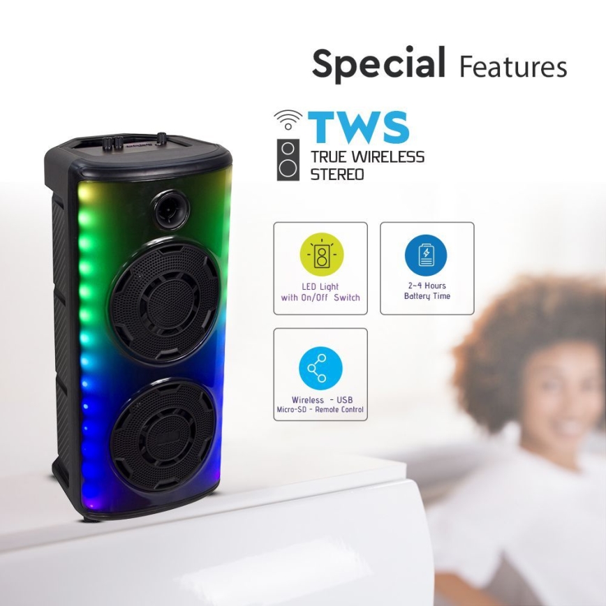 LED RGB įkraunamas garsiakalbis su mikrofonu 600W/2400 mAh + nuotolinio valdymo pultas