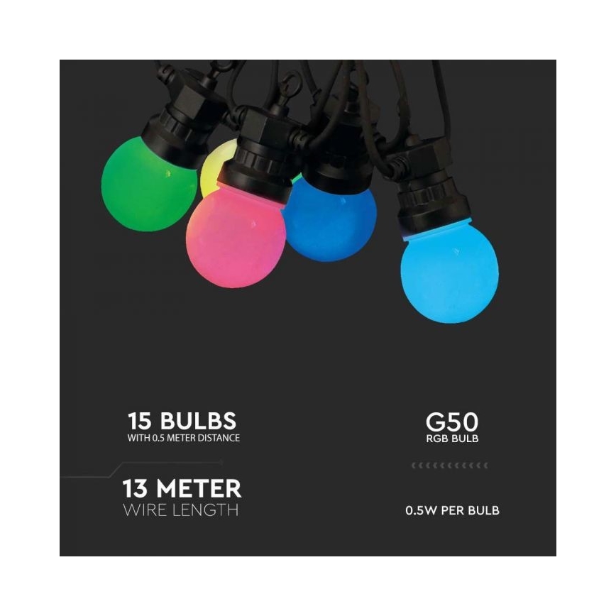 LED RGB Lauko girlianda STRING 13 m 15xLED/0,5W/230V IP44 + nuotolinio valdymo pultas