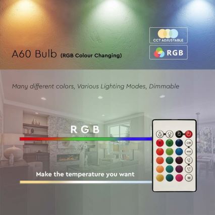 LED RGB pritemdoma elektros lemputė A60 E27/8,5W/230V 4000K + nuotolinio valdymo pultas