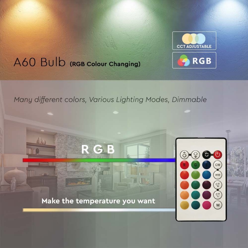 LED RGB pritemdoma elektros lemputė A60 E27/8,5W/230V 4000K + nuotolinio valdymo pultas
