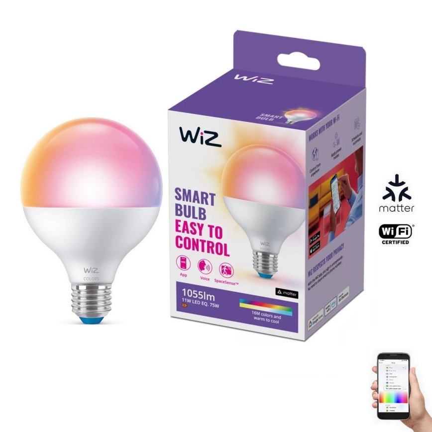 LED RGB pritemdoma elektros lemputė G95 E27/11W/230V 2200-6500K Wi-Fi - WiZ