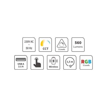 LED RGB Pritemdoma įkraunama jutiklinė stalinė lempa su belaidžiu įkrovimu LED/7,5W/5V 2700-5300K balta