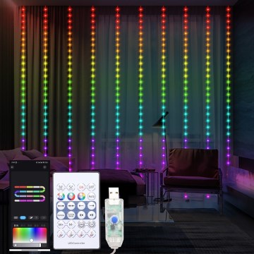LED RGB Pritemdoma kalėdinė užuolaidėlė WIZARD 300xLED/USB 3x3m + nuotolinio valdymo pultas