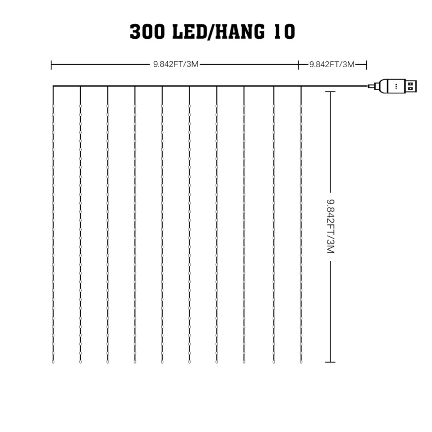 LED RGB Pritemdoma kalėdinė užuolaidėlė WIZARD 300xLED/USB 3x3m + nuotolinio valdymo pultas
