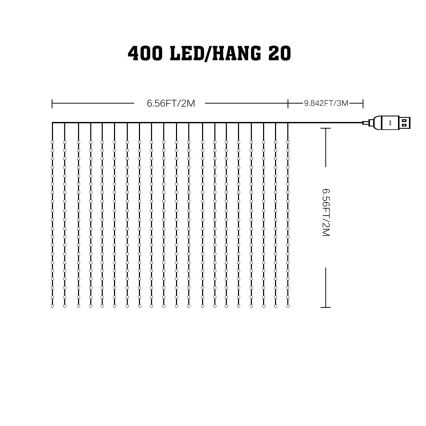 LED RGB Pritemdoma kalėdinė užuolaidėlė WIZARD 400xLED/USB 2x2m + nuotolinio valdymo pultas