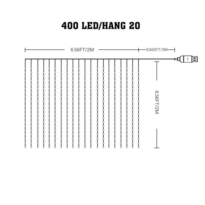 LED RGB Pritemdoma kalėdinė užuolaidėlė WIZARD 400xLED/USB 2x2m + nuotolinio valdymo pultas