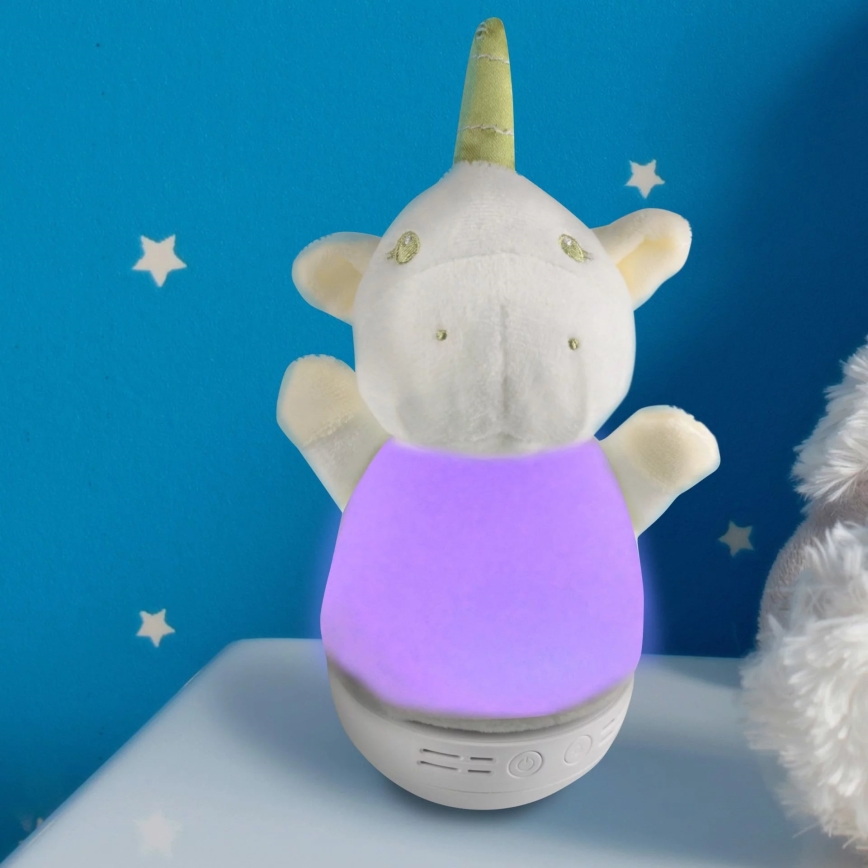 LED RGB Vaikiškas naktinis šviestuvas su melody 3xAAA/5V vienaragis