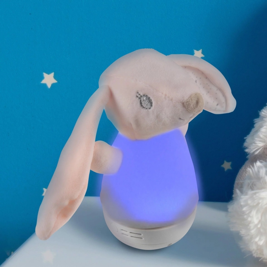 LED RGB Vaikiška naktinė lempa su melodija 3xAAA/5V triušis