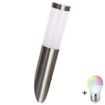 LED RGBW dimeriu reguliuojamas lauko sieninis šviestuvas LIVIA 1xE27/6,5W/230V 2700-6500K Wi-Fi IP44 sidabrinis