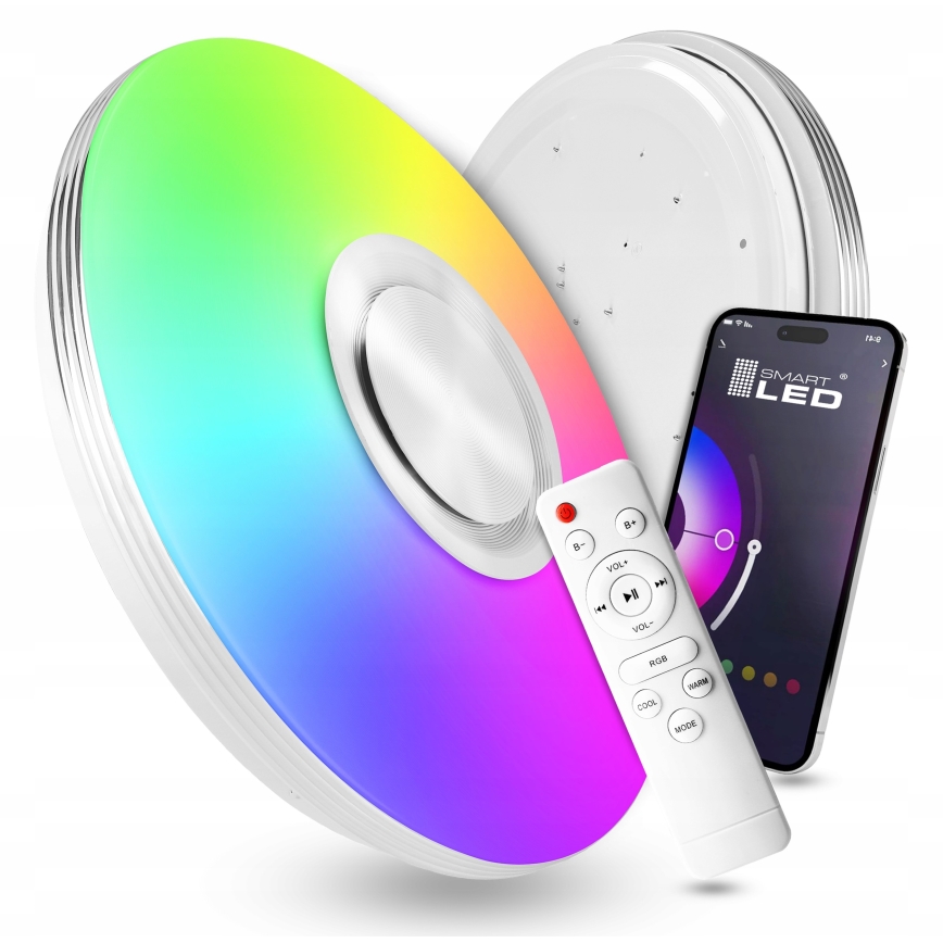 LED RGBW dimeriuojamas lubinis šviestuvas su garsiakalbiu, 60 W, 230 V, 3000–6000 K, skersmuo 40 cm, balta + nuotolinis valdymas