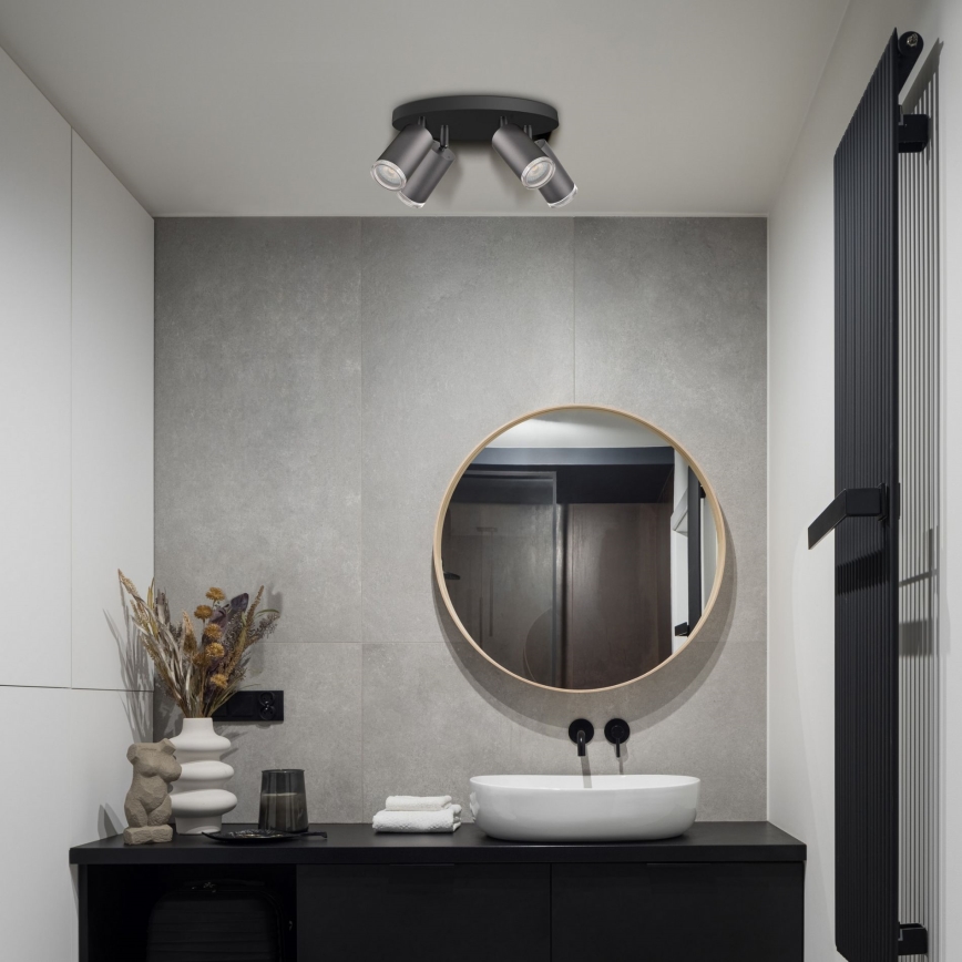 LED RGBW dimeriuojamas vonios kambario taškinis šviestuvas TURYN 4xGU10/4,8W/230V 3000K IP44 juodas + nuotolinio valdymo pultas