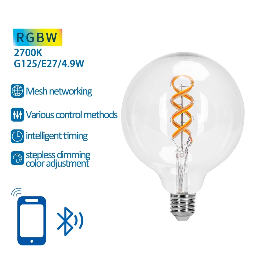 LED RGBW Reguliuojama lemputė FILAMENT MESH Išmanus G125 E27/4,9W/230V 2700K - Aigostar