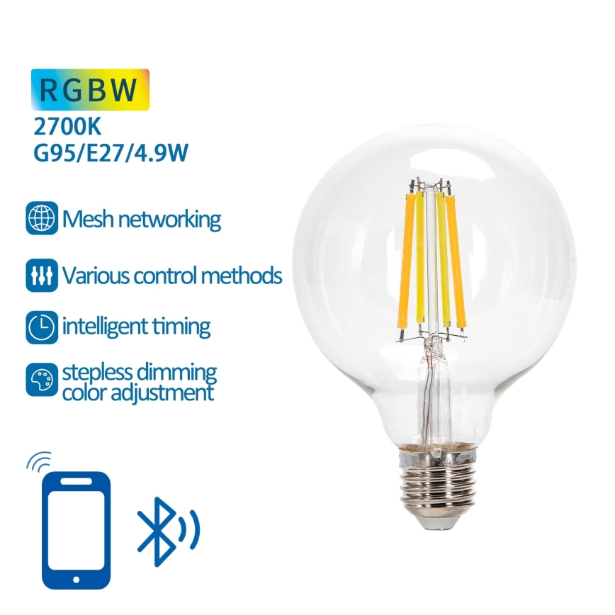 LED RGBW Reguliuojama lemputė FILAMENT MESH Išmanus G95 E27/4,9W/230V 2700K - Aigostar