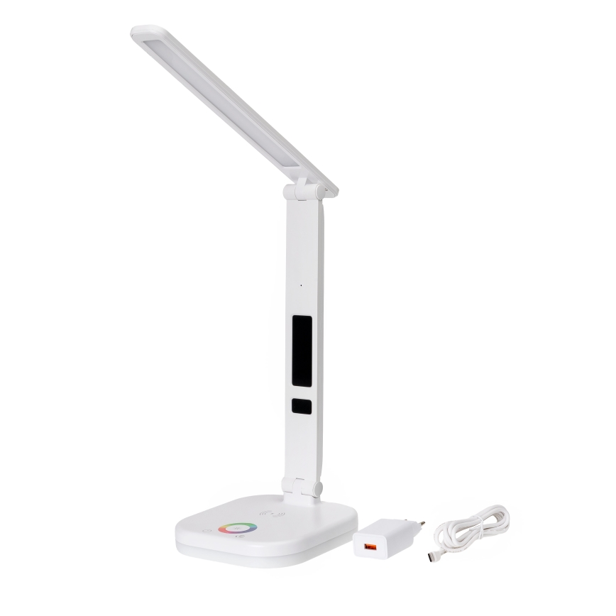 LED RGBW Pritemdoma lempa su belaidžiu įkrovimu, ekranu, ekranas ir USB prievadas MAGNUS LED/6W/5V 3000-6500K balta